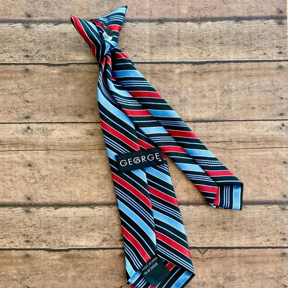 Vintage George Blue Black Red Striped Boys Clip On 11” Neck Tie Youth